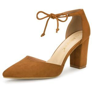 Ankle Tie Chunky Heel Brown Pointed Toe Dress Pumps